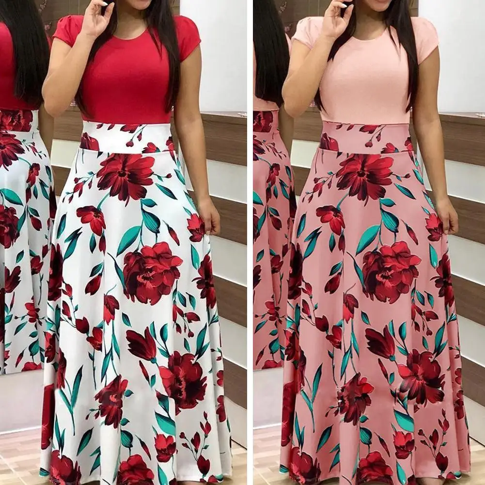 Hot Sales!!Casual Women's Dresses Floral Print Color Block Round Neck Beach Party Short Sleeve Maxi Dress