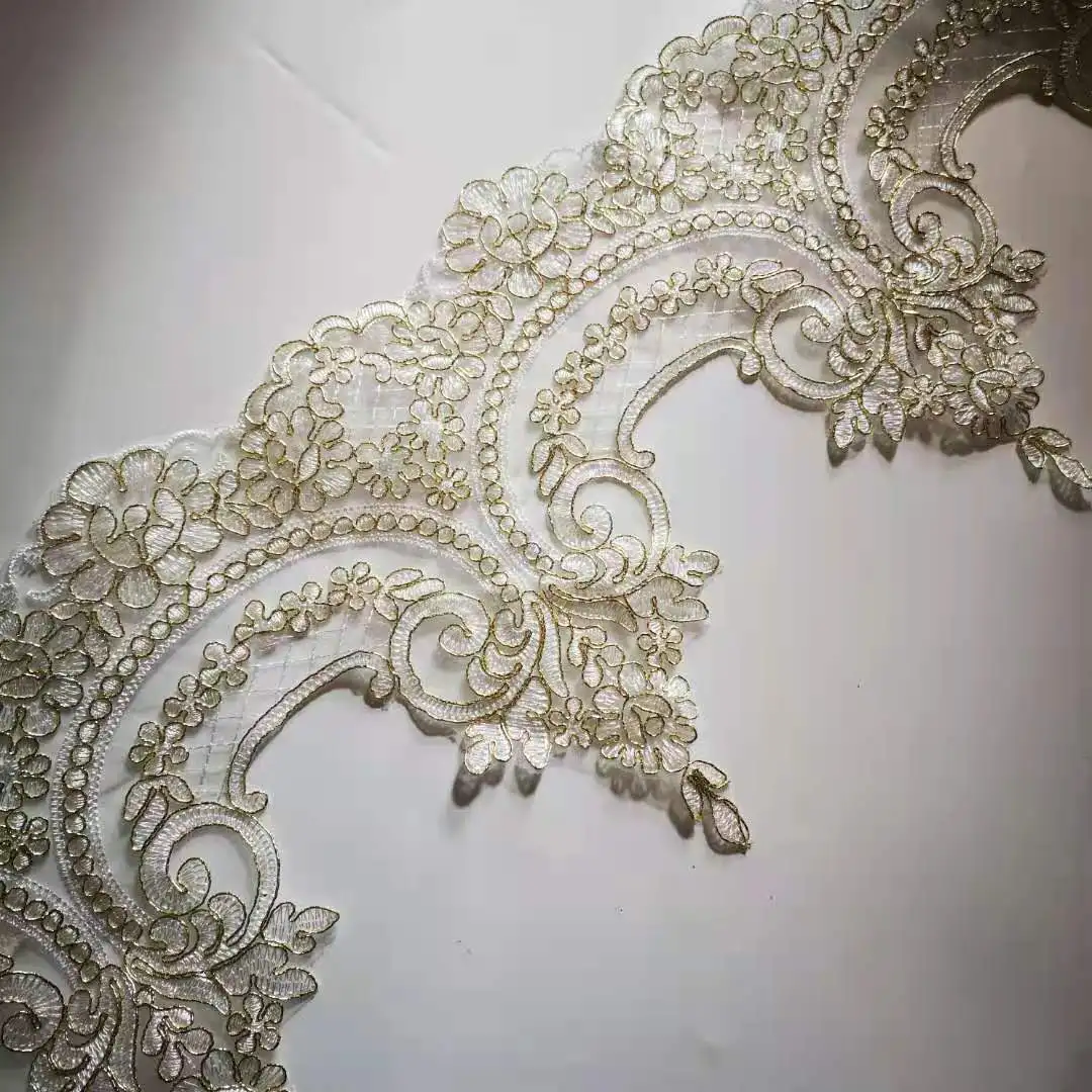 1Yard Gold White Cording Fabric Flower Venise Venice Mesh Lace Trim Applique Sewing Craft For Bride Wedding Dresses 22cm