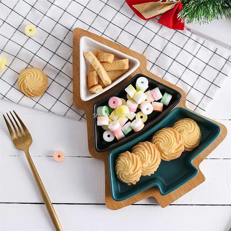 Christmas Tree Ceramic Dish Tray Removable Snack Platter Cookie Plates Holiday Party Dessert Dinnerware with Bamboo Base Stand