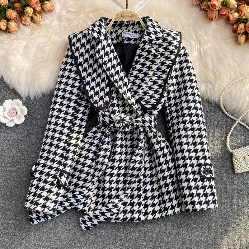 

Women's Autumn Winter Vintage Plaid Woolen Jacket Suit Outwear Female High Waist Slim OL Coat TB2007