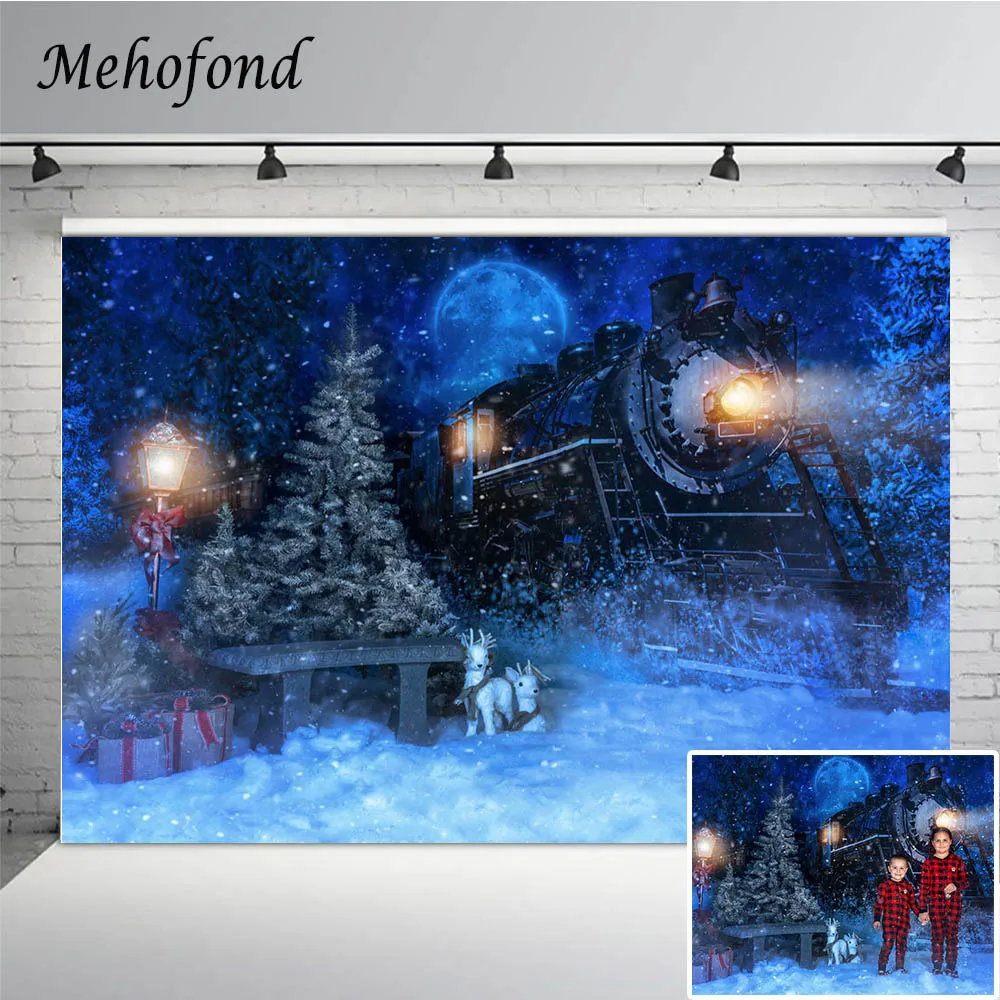 

Mehofond Winter Photography Background Christmas Forest Tree Train Night Moon Snow Children Portrait Decor Backdrop Photo Studio