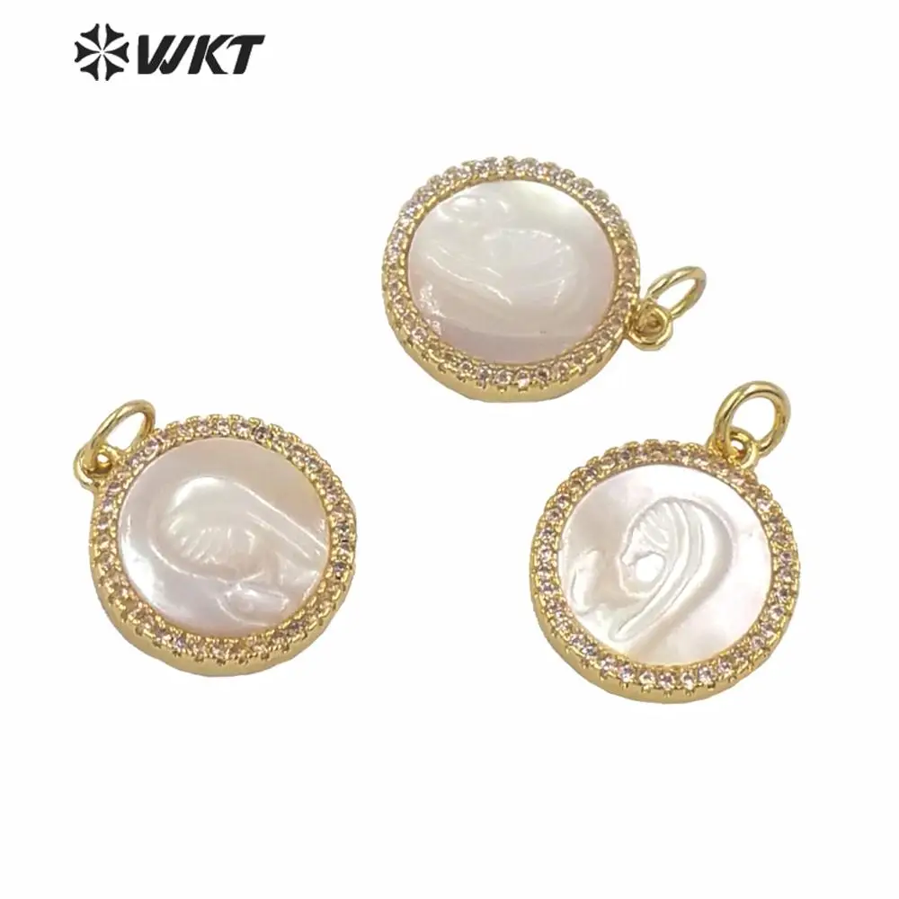 MP165 Wholesale handmade carved mother of pearl white shell round charm pendant pretty beauty girl jewelry pendant