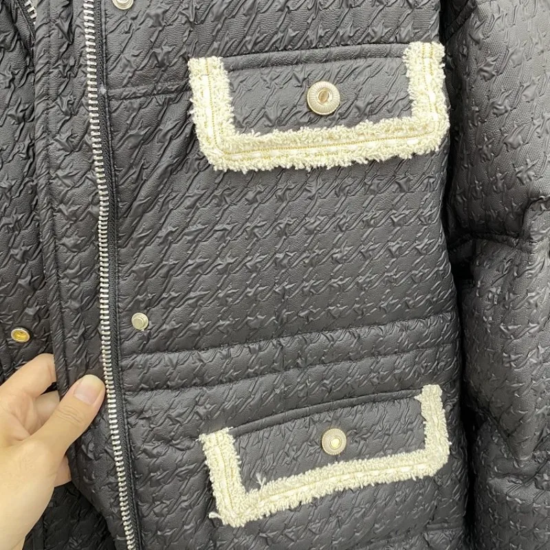 Women Tweed Down Jacket Stand Collar Fashion Thick White Duck Down Coat Sweet Office Multi-Pockets Straight Short Overcoat