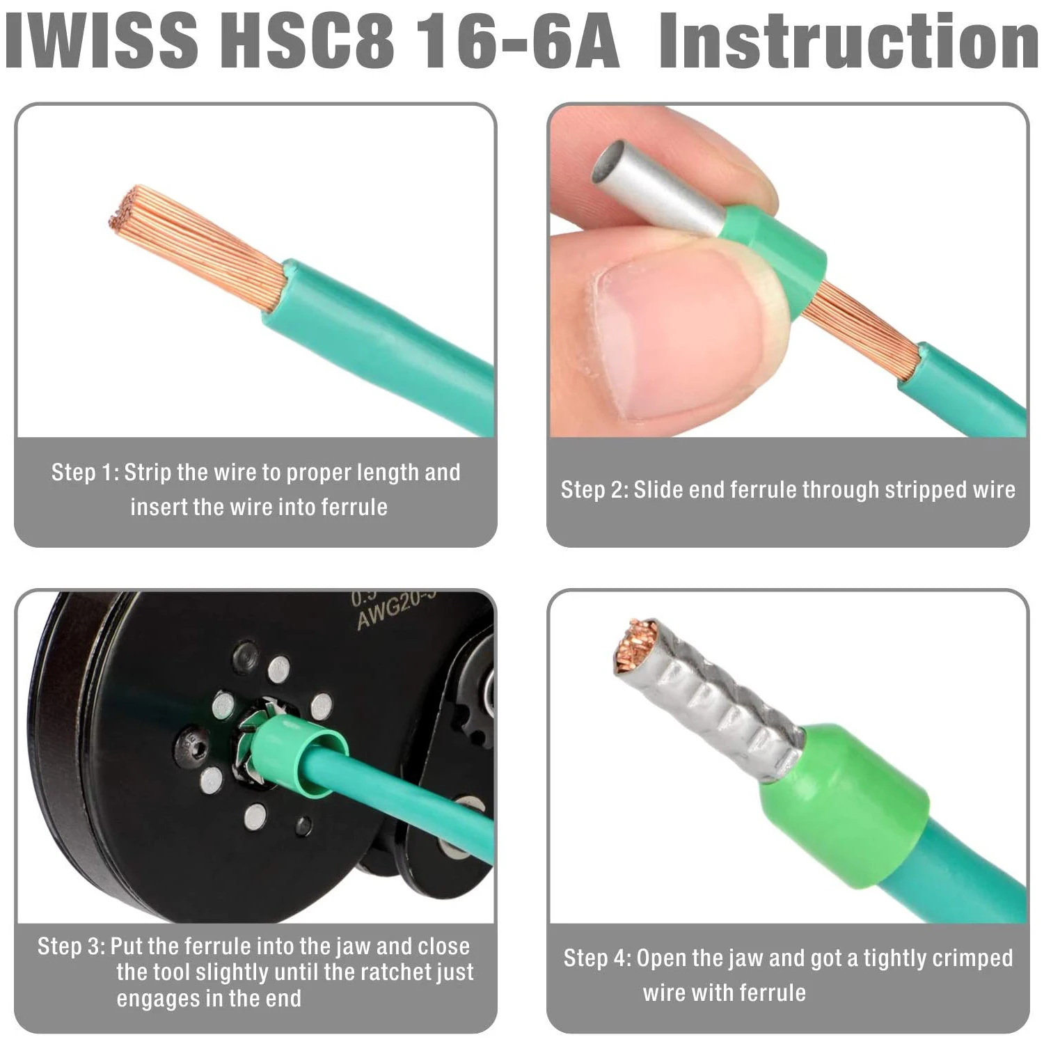 IWISS HSC8 16-6 Upper Range Crimp Tool for 20 to 5AWG End Sleeve Ferrules Ratcheting & Self-adjustable Crimping Plier