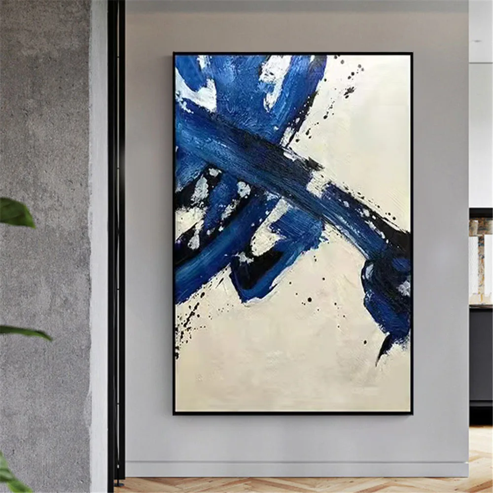 

100% Hand-Painted Abstract Oil Painting Blue Texture Canvas Paint Photo Panel Trim On The Wall Art Picture Room Mural Home Decor