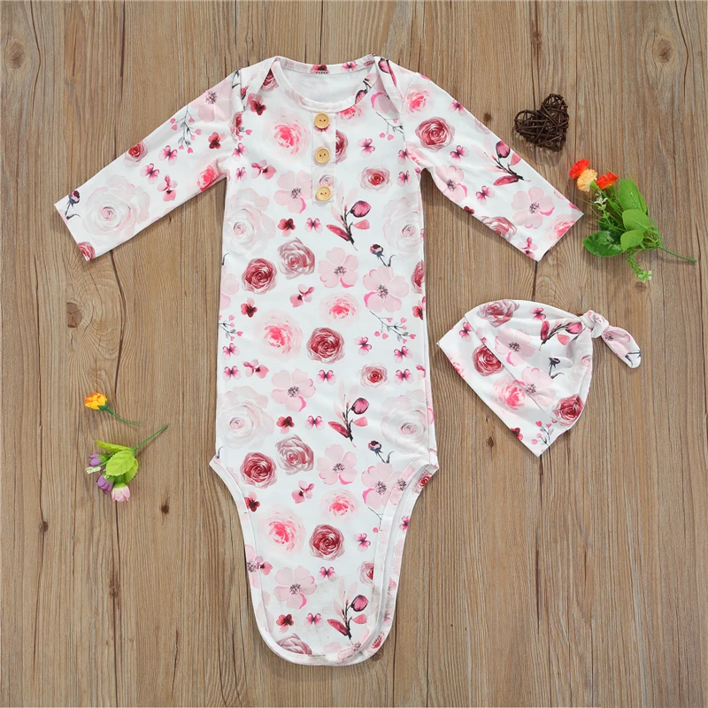 Fashion Infant Nightwear with Hat Girls Boys Robes Cartoon Patterns Print Round Neck Long Sleeve Sleepwear+ Cap Kids 0-3 Months