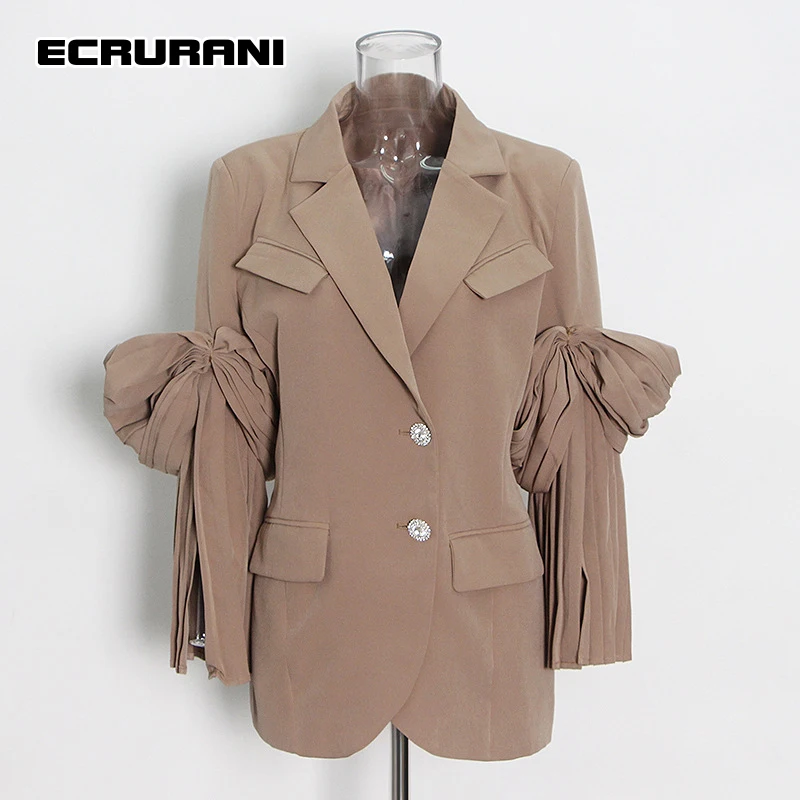 

ECRURANI Elegant Black Blazers For Females Notched Long Sleeve Dual Pocket Patchwork Casual Blazer Women's 2022 Spring Clothing