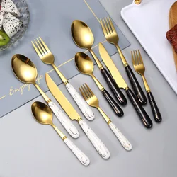 Nordic Ceramic Stainless Steel Cutlery Coffee Dessert Spoon Marbling Handle Western Steak Knife Fork Kitchen Golden Tableware