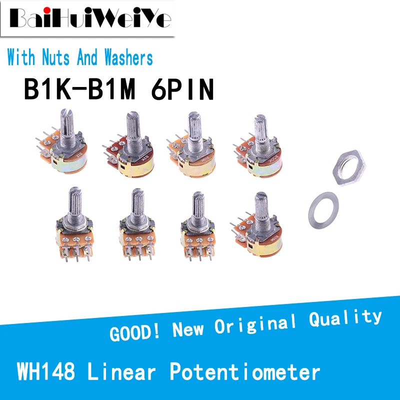 5PCS/LOTE WH148 Linear Potentiometer 15MM Shaft With Nuts Washers Dual Line 6Pin WH148 B1K B2K B5K B10K B20K B50K B100K B250K