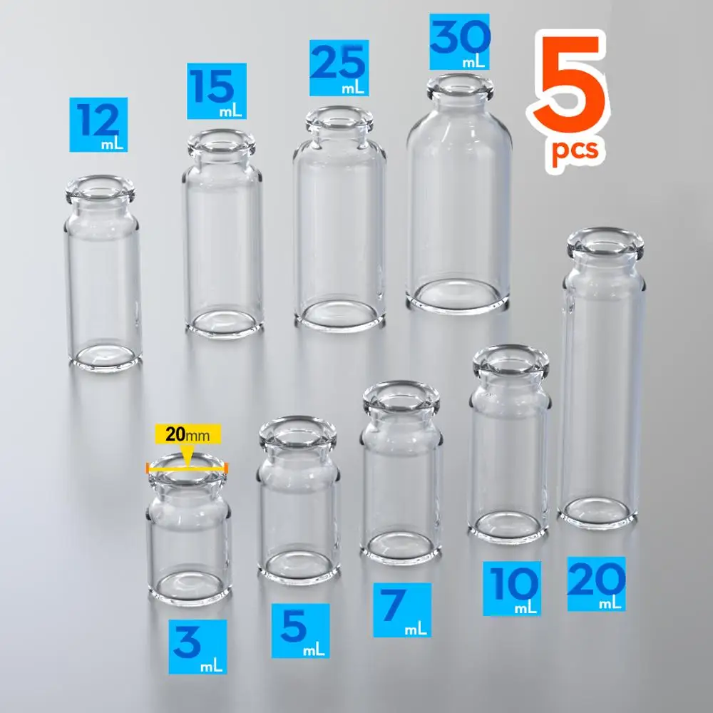 5pcs penicillin bottle glass bottle 3ml, 5ml, 7ml,10ml, 15ml, 20ml,25ml,30ml  jars