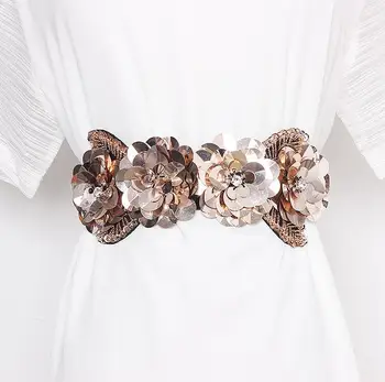 여성용 런웨이 패션 스팽글 꽃 구슬 탄성 커머번즈, 여성 드레스 코르셋, 허리띠 벨트 장식, 넓은 벨트 R2844