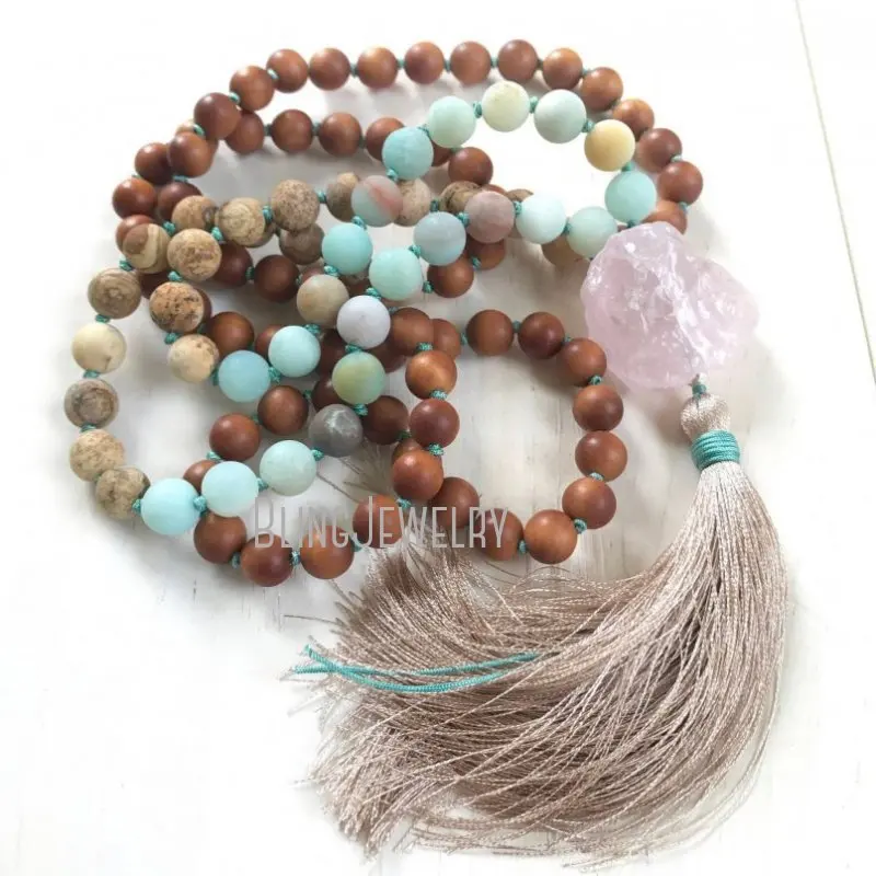 MN21294 Joy Of Life Mala Beads Joyfulness Sunstone   Druzy Agate Necklace 108 Bead  Choose Your Tassel