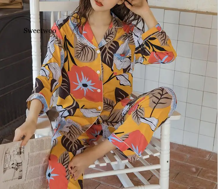 Cotton Pajamas Floral Long Sleeve Pajamas Women Print Sexy Top  Pajama Beauty Lounge Wear Home Clothes Sleep Set