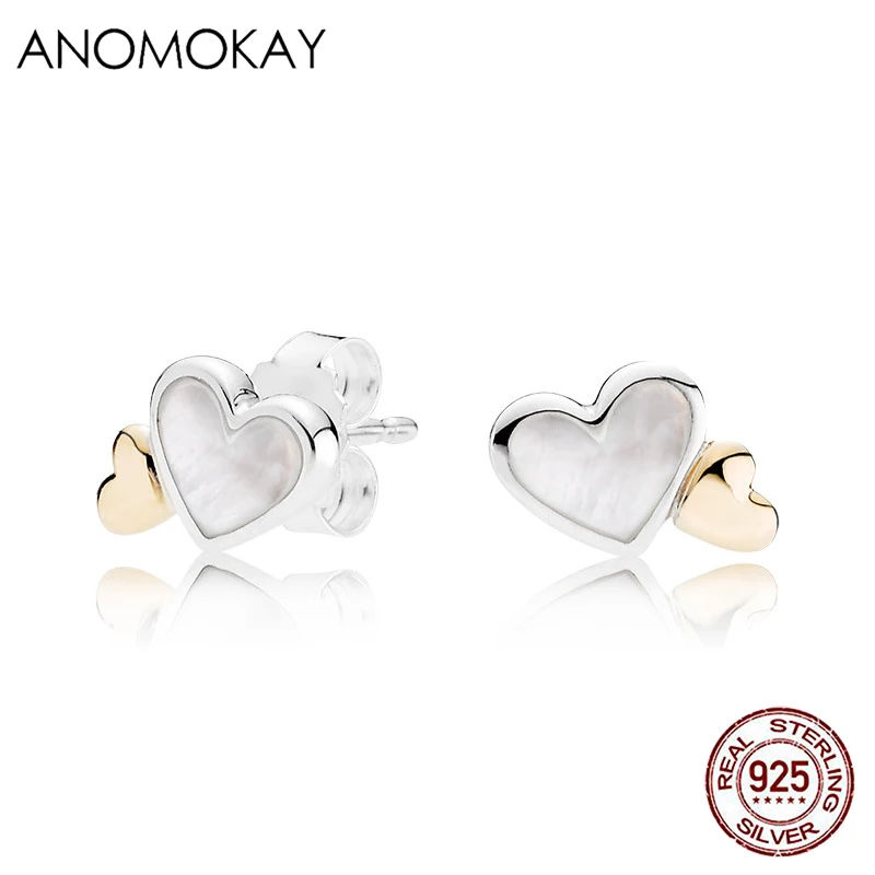 Anomokay 100% 925 Sterling Silver Double Hearts Stud Earrings for Women Girl Gift 925 Silver Earrings Fashion  Jewelry Brincos