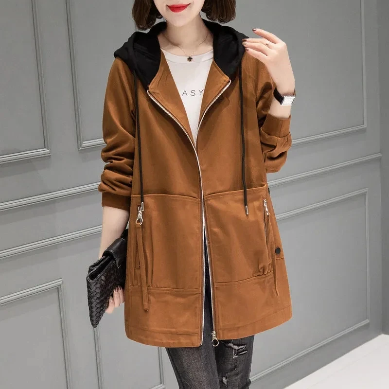 

Pop Windbreaker Women Spring Autumn Trench Coat Pop Coats Medium-Length Hooded Jacket Nice Oversize Long-Sleeved Female Outwear
