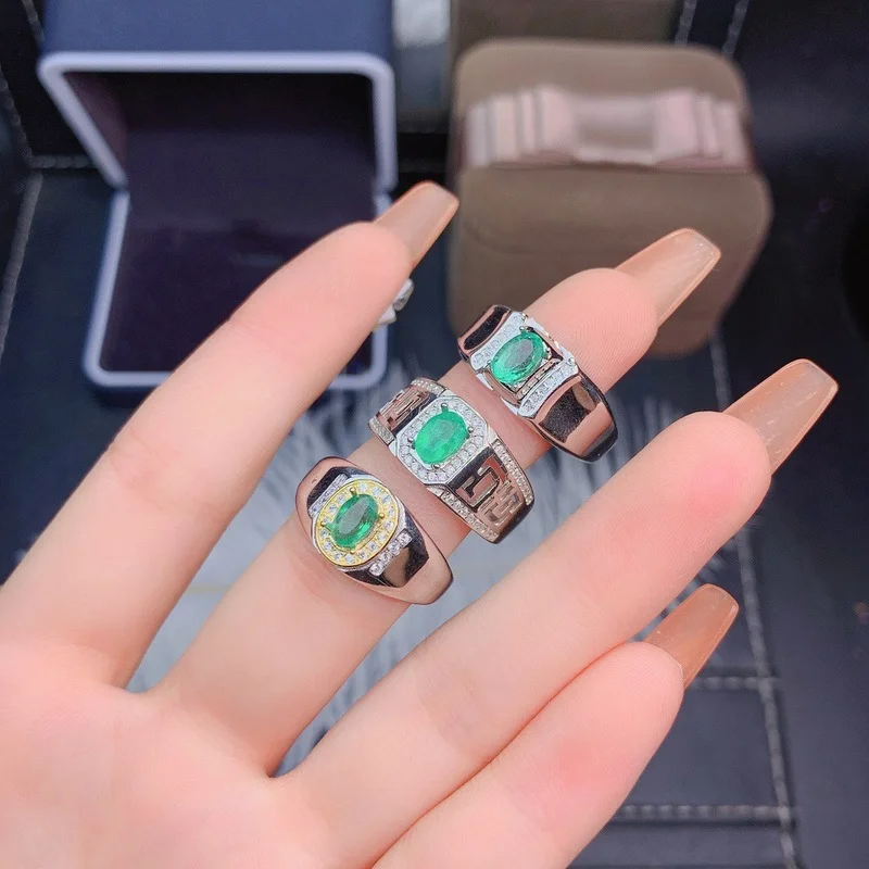 

100% Natural Emerald Wedding Ring for Man 4mm*6mm Emerald Silver Ring for Party Fashion 925 Silver Emerald Ring