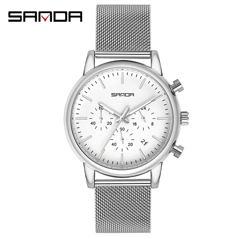 SANDA New Fashion Business Leisure Three Eyes Imitating Six Needle Calendar Waterproof Graduation Bar Nail Mesh Belt Men's Watch