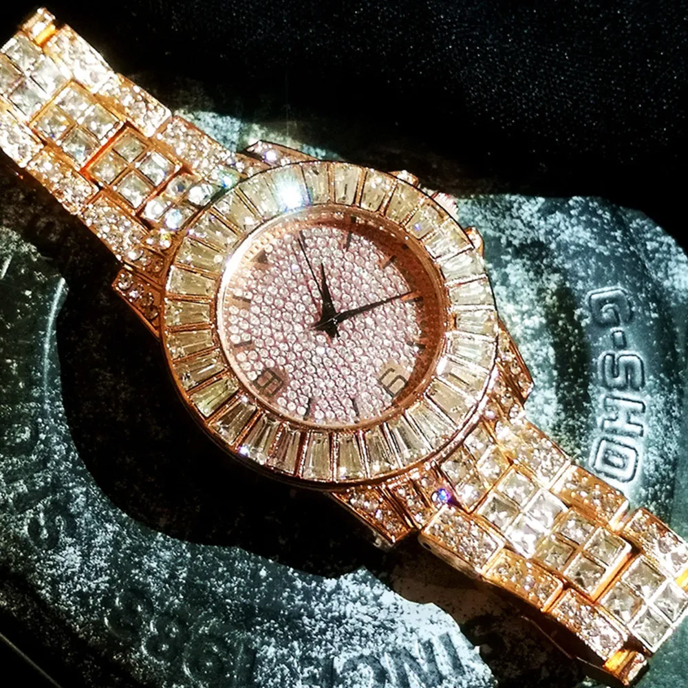 Iced Out-Reloj de pulsera de cuarzo para hombre y mujer, cronógrafo de lujo con diamantes dorados, sencillo, ostentoso, regalo