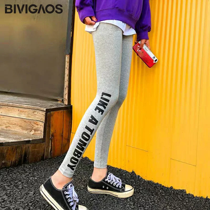 Bivigaos-calças legging femininas para treino, primavera, de algodão, com letras laterais, impressas, casual, esportiva, fitness