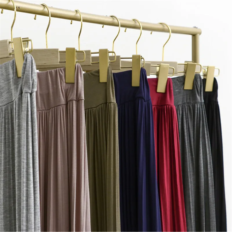Summer Autumn Women Long Pleated Skirts Elastic High Waist All Match A Line Modal Skirt Female Big Swing Bodycon Maxi Skirt Saia