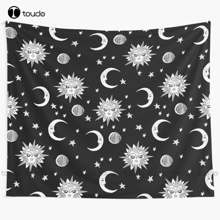 Linocut Black And White Sun Moon And Stars Outer Space Zodiac Astrology Gifts Tapestry Long Tapestry Wall Hangings Wall Covering