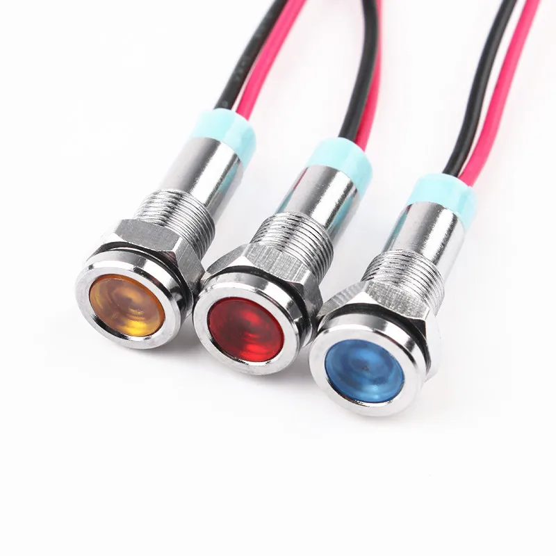 1pcs 6mm Flat head LED Metal Indicator light 6mm waterproof Signal lamp 6V 12V 24V 220v with wire red yellow blue green white