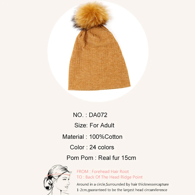 Women Winter Cotton Ribbed Beanies Autumn Slouchy Ladies Stretch Striped Skullies Hat with 15cm Real Raccoon Fur pompom