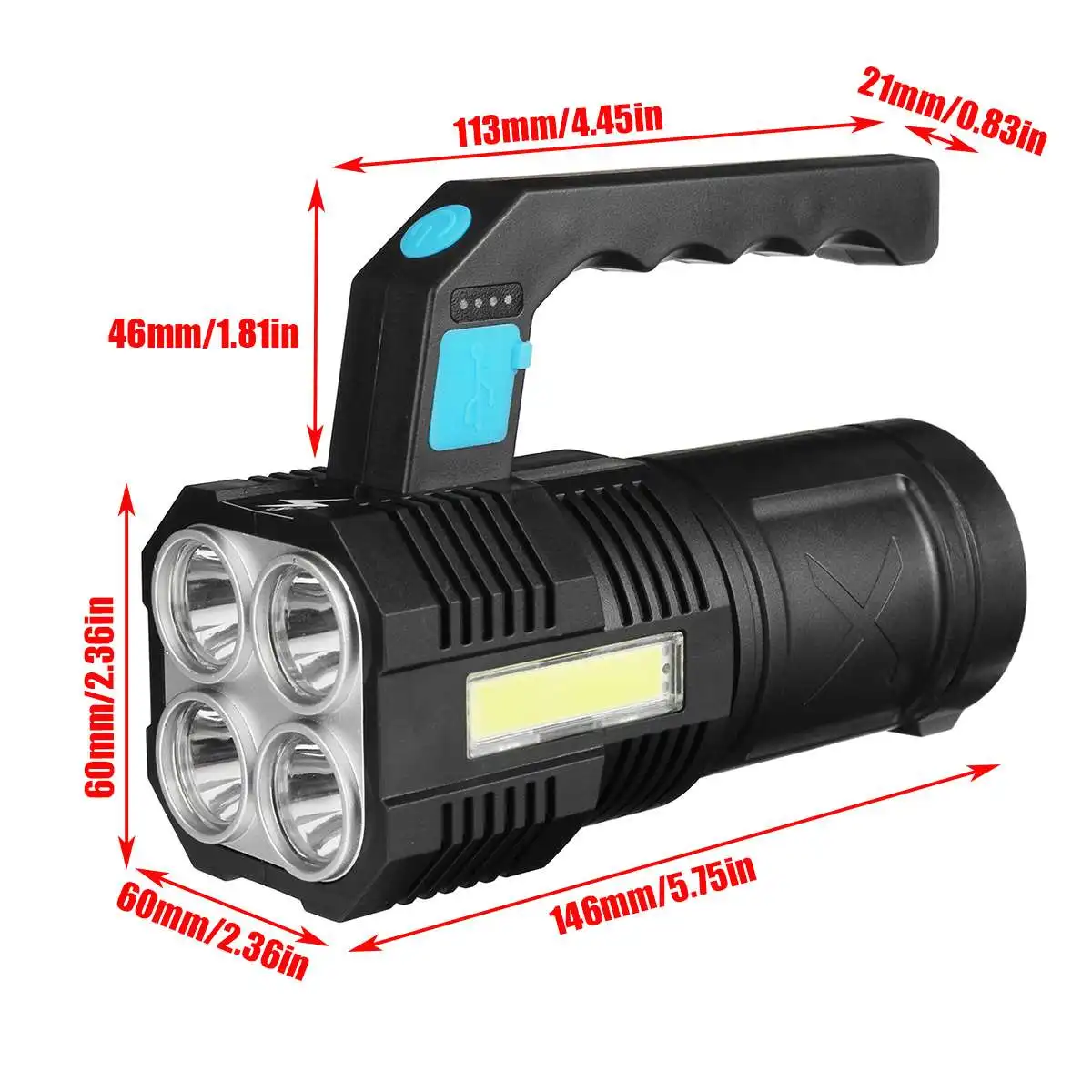 Linternas LED de mano, lámpara portátil de Camping, foco de luz fuerte, recargable por USB, batería integrada, iluminación para exteriores