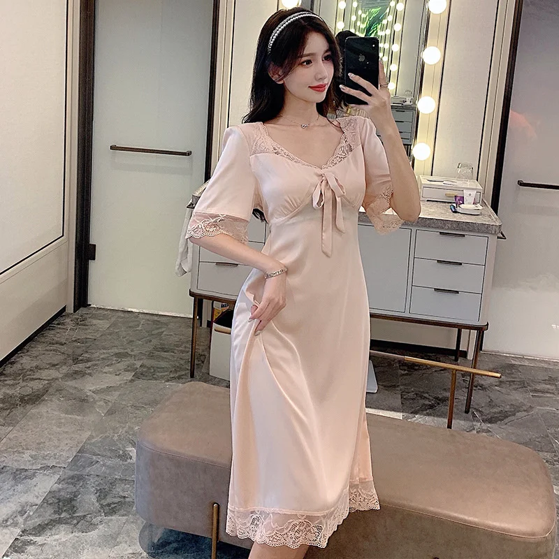 Lisacmvpnel Sexy Nightdress Female Summer Short Sleeve Sweet Girl Lace Hollow Ice Silk Long Design Nightwear