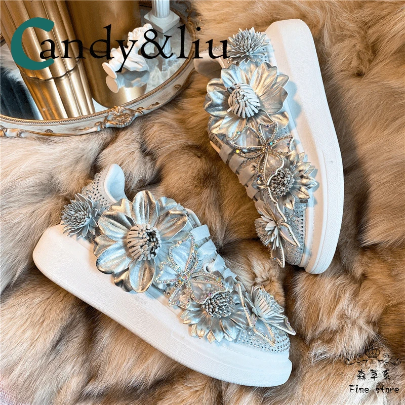 Women Sneakers Lovely Beautiful Crystals Bow Flowers Silver New Design Platform Fashion Diamond Butterfly Girls Comfortable Shoe