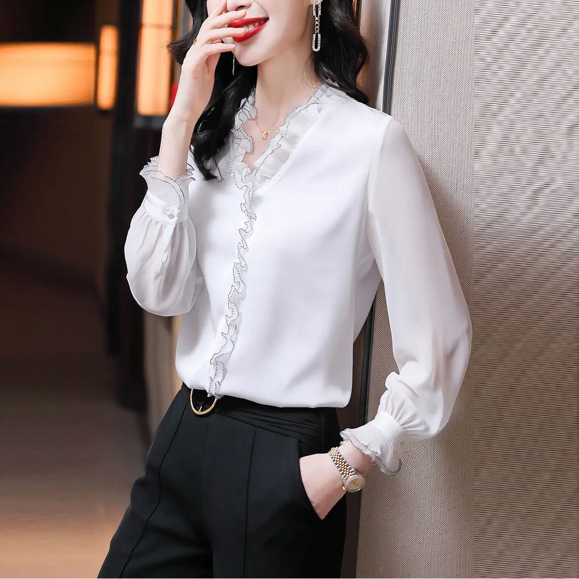 Women\'s Blouse Elegant Lace Ruffles Chiffon Shirts Spring Autumn Office Lady Commuter Long Sleeve Pullovers Chic Vintage Blouse