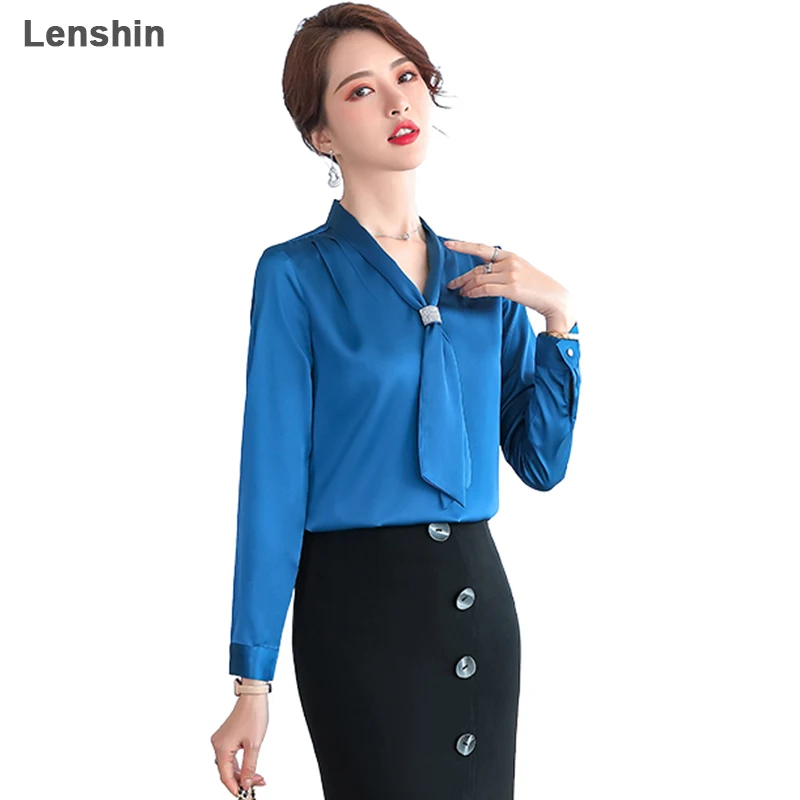 

Lenshin High-quality Smooth and Soft Royal Blue Shirt for Women Bow Tie Blouse Elegant Tops Full Sleeve Office Lady Work Wear