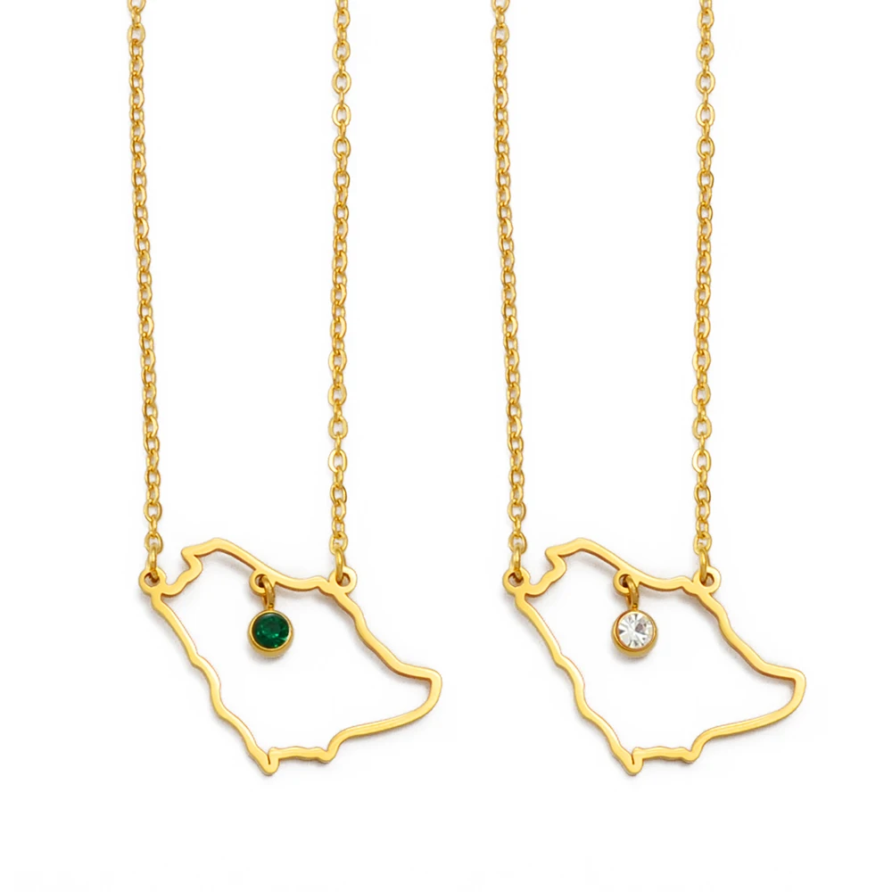 Anniyo Saudi Arabia Map With Green Stone Gold Color Charm Pendant Necklace Kingdom of Saudi Arabia Jewelry Women Girls  #266221