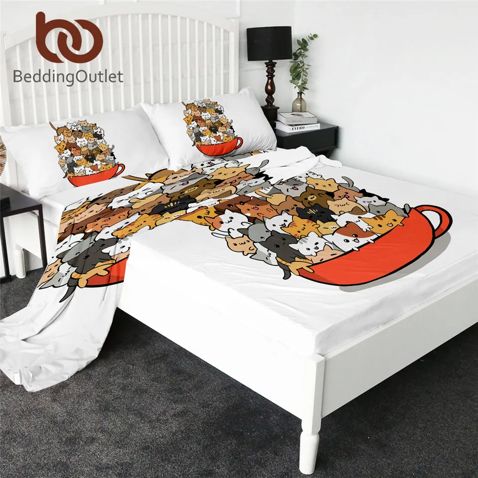 

BeddingOutlet Teacup Cat Fitted Sheet Set Cute Bed Sheet Cartoon Kids Bed Linen Animal Lover Flat Sheet sabanas 4-Piece Dropship