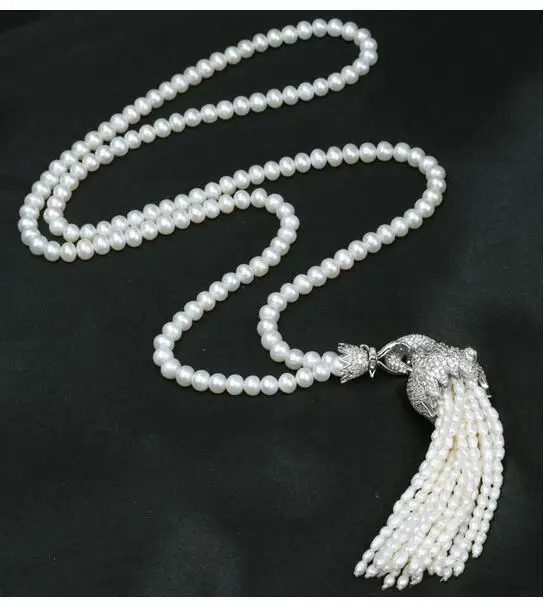 

925 jewelry Leopard Head Pendants Natural 6-7mm Pearl Necklaces Tassel Fashion Women Necklace Longer 78CM sweater chain