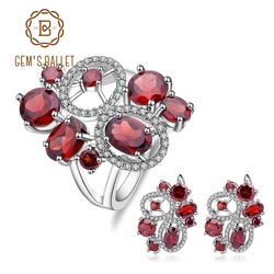 GEM'S BALLET Natural Red Garnet Vintage Flower Jewelry Set 925 Sterling Silver Gemstone Earrings Ring Set For Women Fine Jewelry