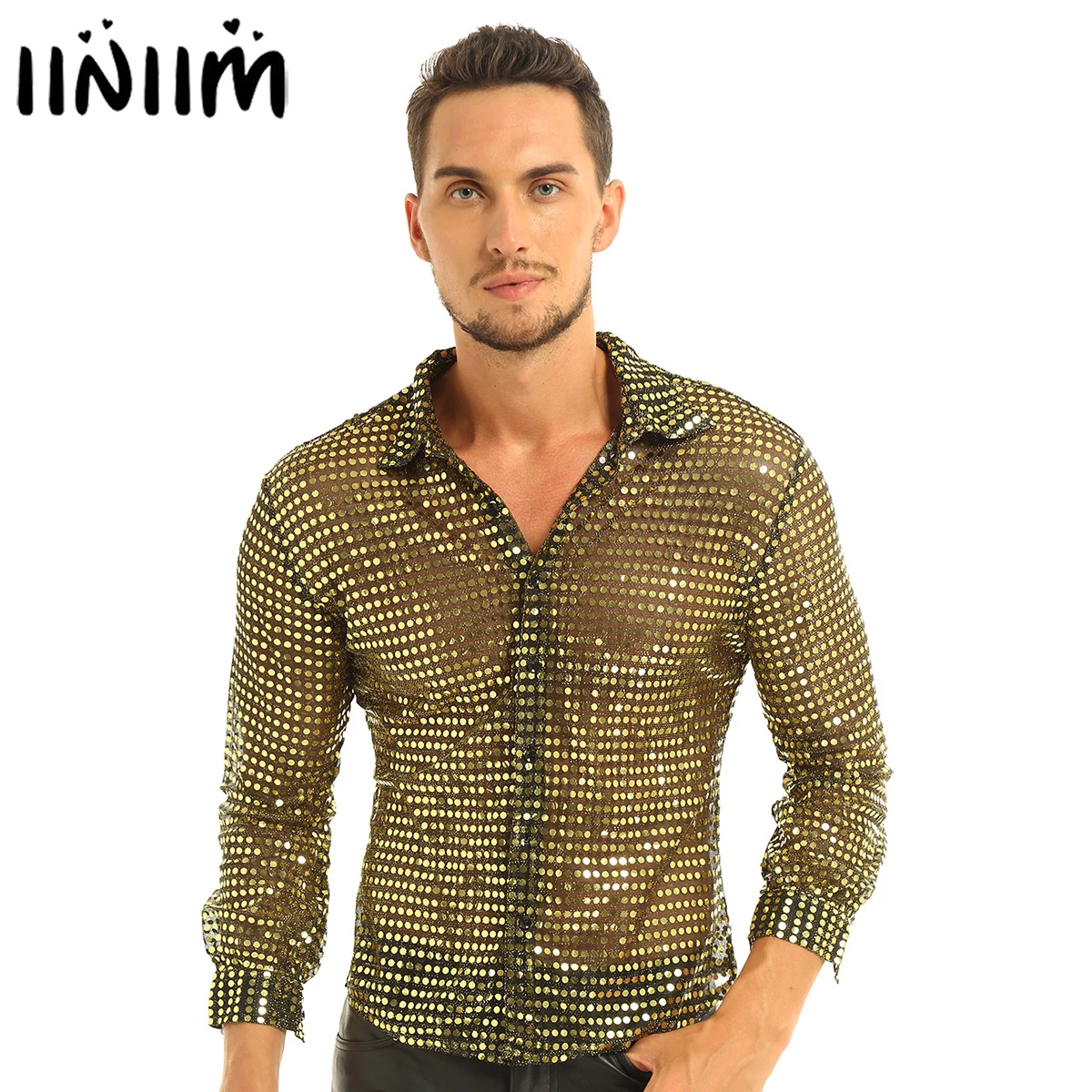 Mens Tuxedo Shirts Shiny Sequins See Through Mesh Long Sleeve Clubwear for Night Party Show Dancing Performance Top Shirt