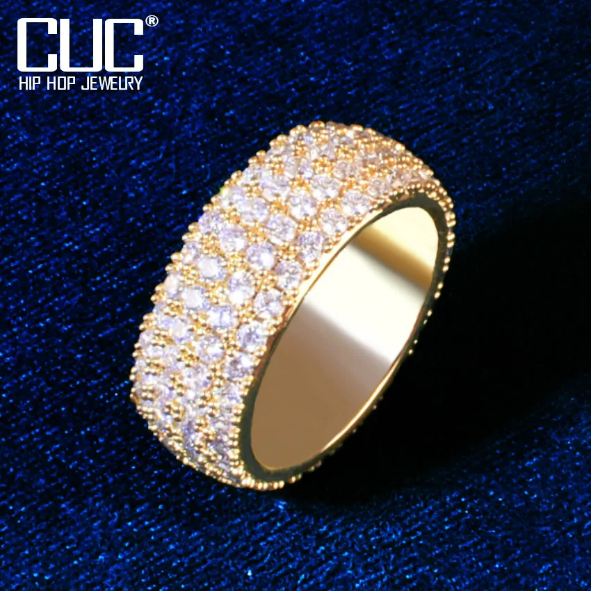 Solid 4 Row Zircon Men Hip Hop Ring Gold Color Copper Charm Iced Fashion Women RINGS Rock Jewelry Gift