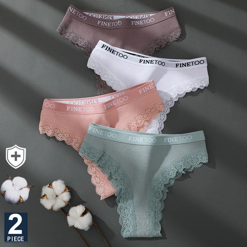 FINETOO 2PCS/Set Women\'s Cotton Panties Girls Letter Thongs Brazilian Pantys Sexy Lace Underwear For Woman Lingerie Bikini Panty