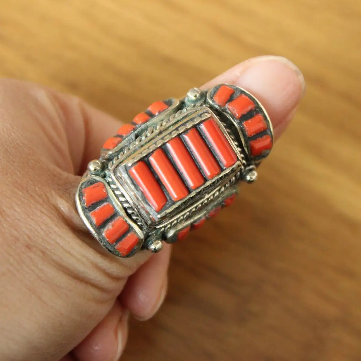 RG354 Tribal Ethnic Tibetan Metal Copper inlaid Red Beads Large Ring Or Thumb Rings