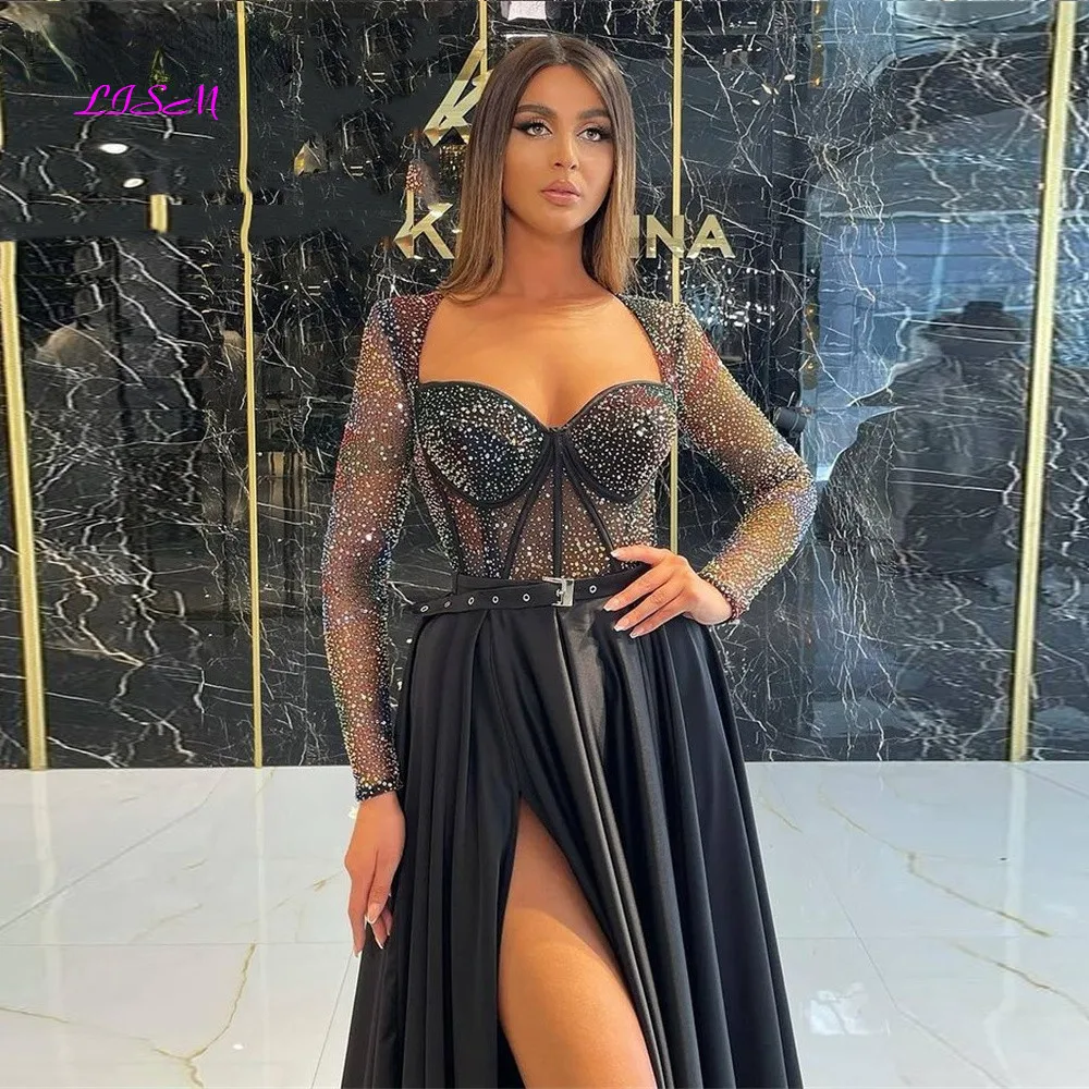 Black Glitter Long Evening Dresses Sweetheart Sashes Long Sleeves Side Slit Prom Dress Elegant Party Gowns