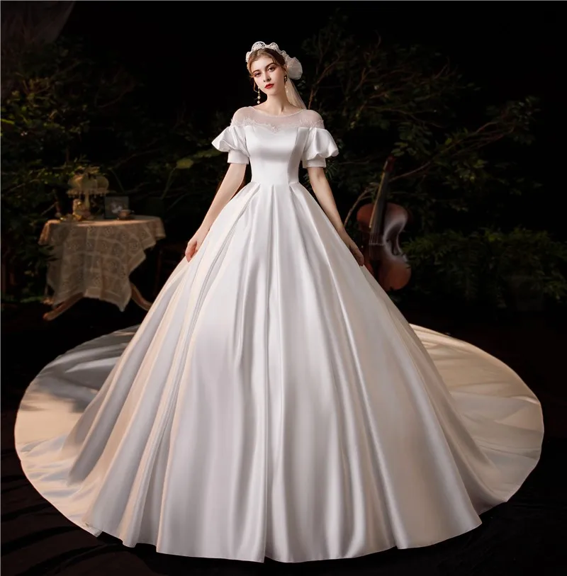 New Hot Sale Simple Fashion Vestido De Noiva 2021 Wedding Dress Luxury Elegant Lantern Sleeve Lustrous Satin Princess Lace Up