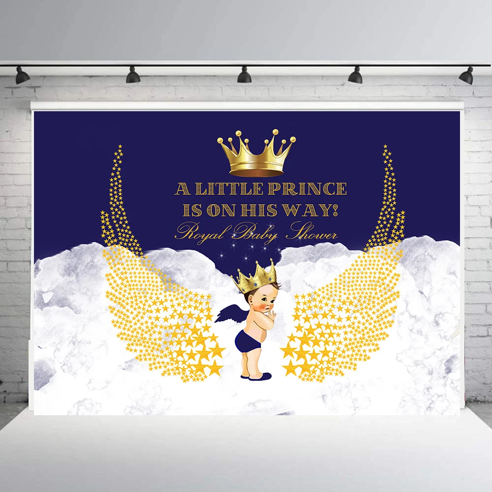 

Gold and royal blue boy prince crown baptism christening birthday baby shower backdrop wings photo background candy table banner