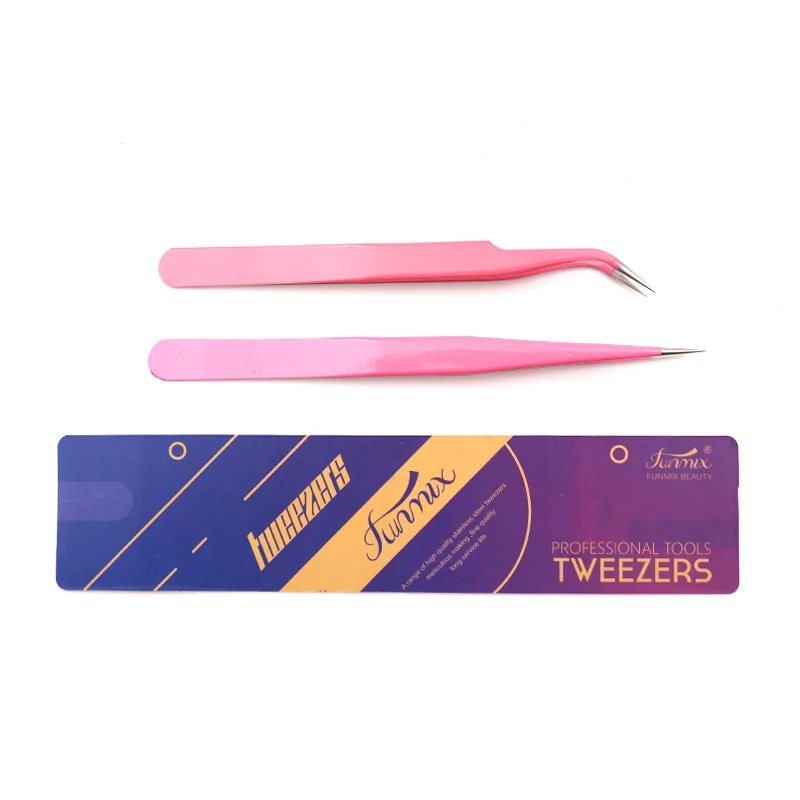 FUNMIX pink or black  Stainless Steel Curved Straight Eyebrow Tweezers high Quality Fan Tweezer