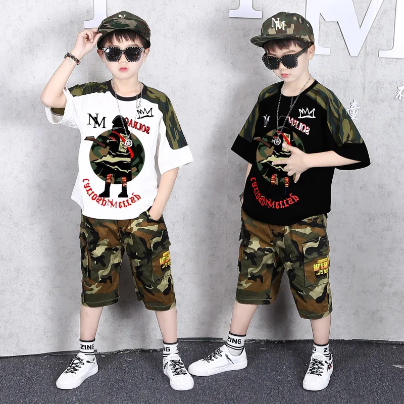 Children's Summer Camouflage Suit 2023 New Boys' Sports Loose Short Sleeve T-shirt + Shorts 2 Pcs Kids Army Uniform Clothes X540