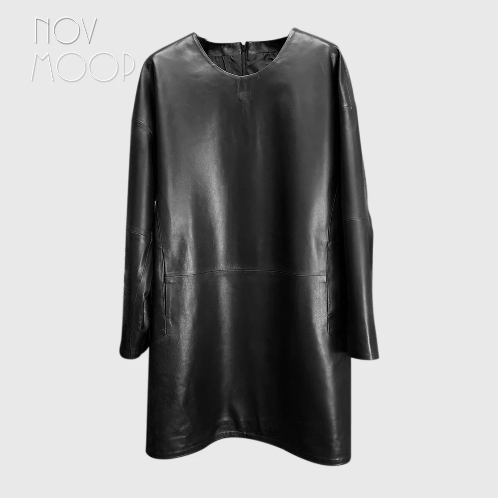 Novmoop Fashion red black color medium and long genuine leather women dress with pocket zipper decor kurtki damskie LT2809