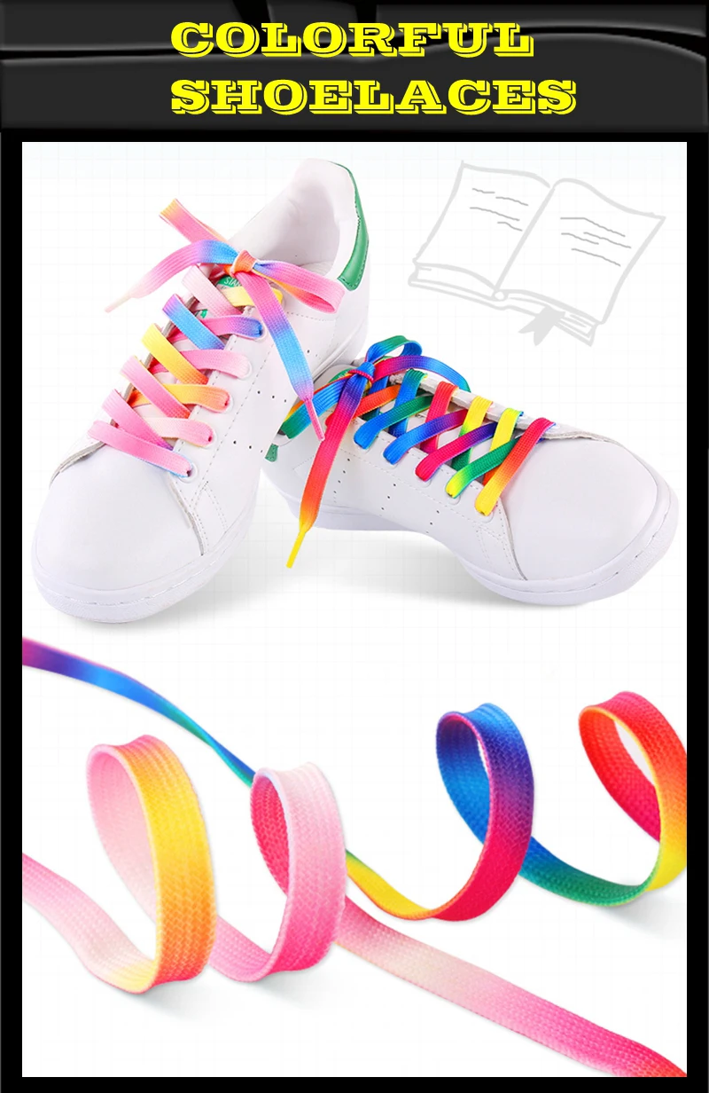 Flache Schnürsenkel, Regenbogenfarben, für Freizeit- und Canvas-Schuhe, bunte Schnürsenkel mit Farbverlauf, passend für alle, Unisex, neu, 1 Paar. – Detail 1