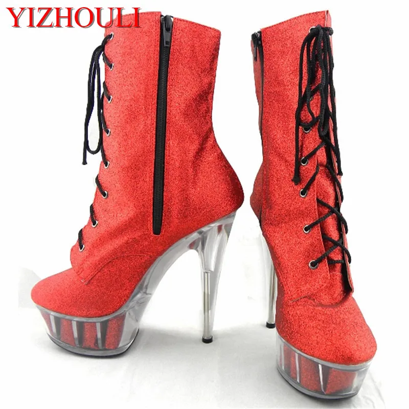 

Classics 15cm Sexy High Heels Shoes Platform Round Toe Short Boots Sexy Ankle Boots 6 Inch Crystal Shoes