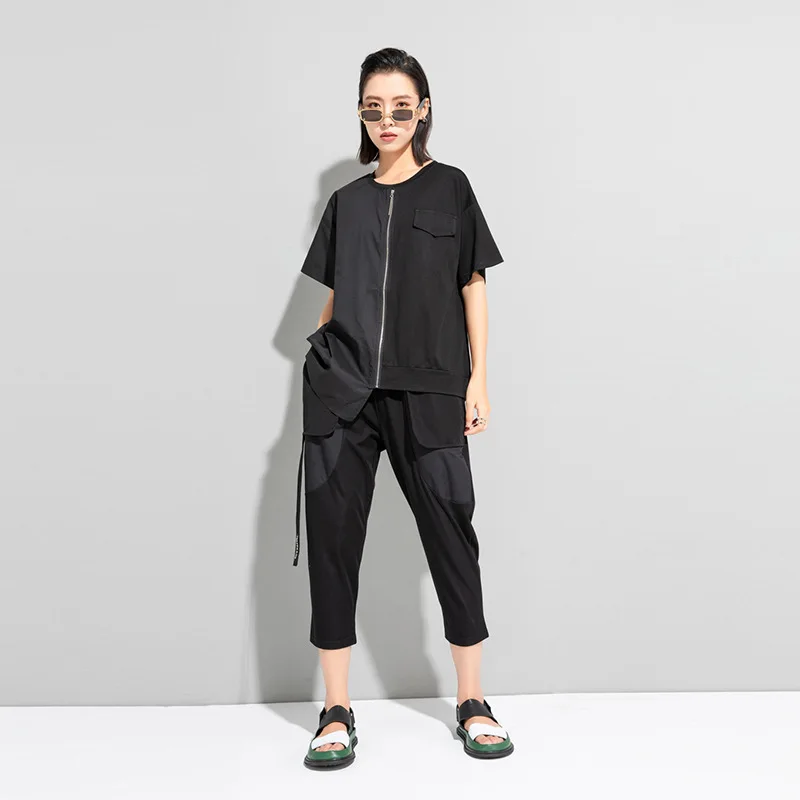 Ladies Short Sleeve T-Shirt Summer New Classic Dark Personality Asymmetric Stitching Zipper Design Loose Size Half Sleeve