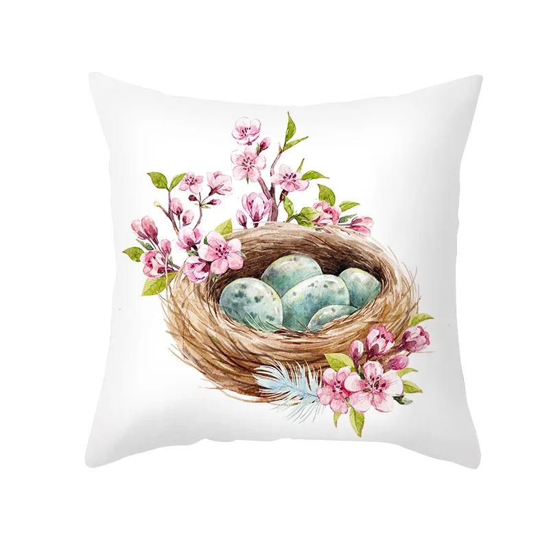 Egg Wreath Pattern Cushion Cover Easter Pillow Case Festival Farmhouse Home Decor Seat Softness Cover Pillow Flower Pillowcase